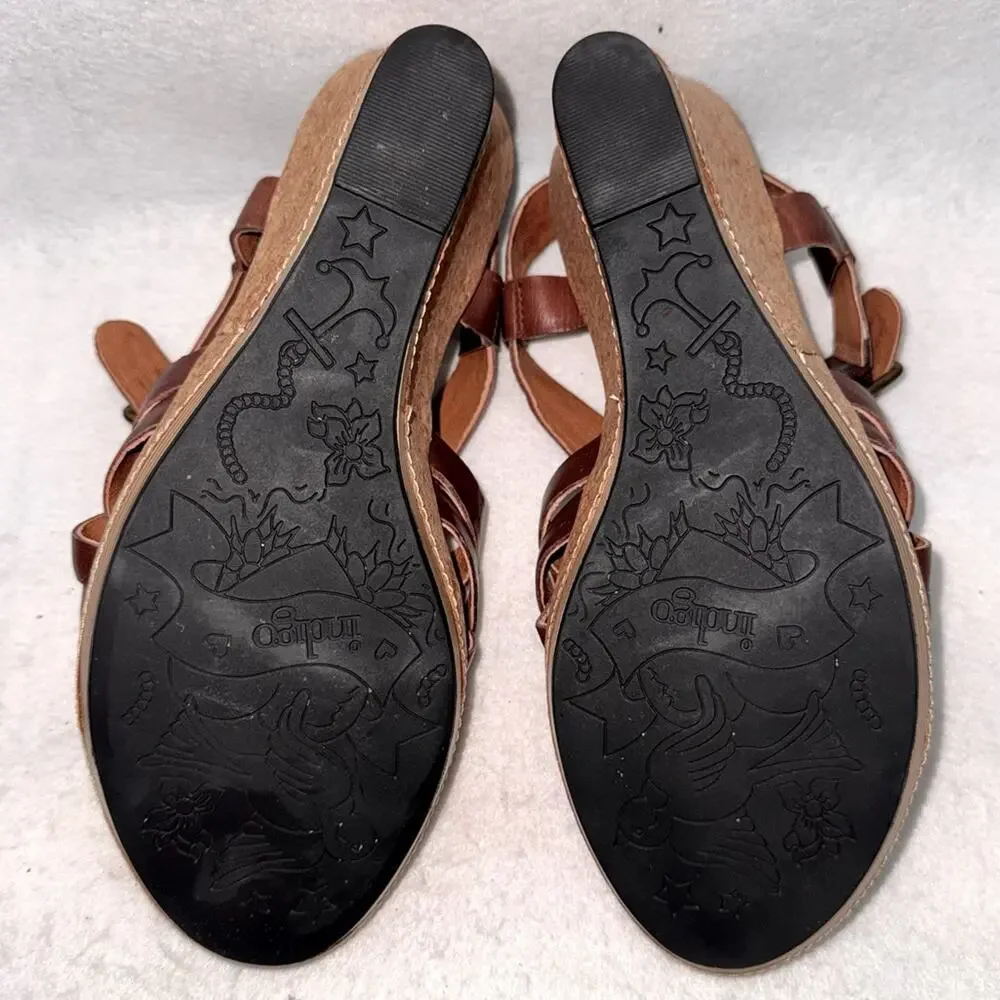 EUC Women’s Indigo by Clarks Brown Leather Slingback Wedges Cork 3.5” Heels 9.5